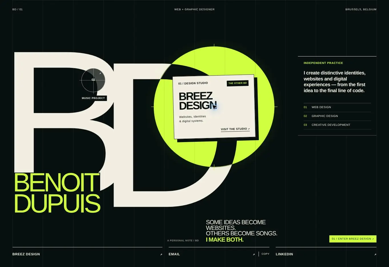 Aperçu de benoitdupuis.be avec le spotlight révélant Breez Design