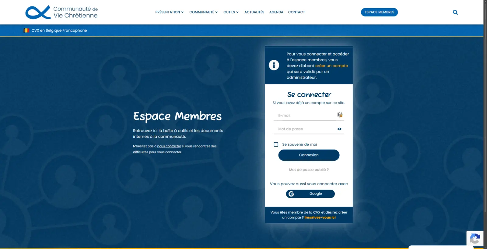 Écran de connexion à l’espace membres de la CVX Belgique francophone