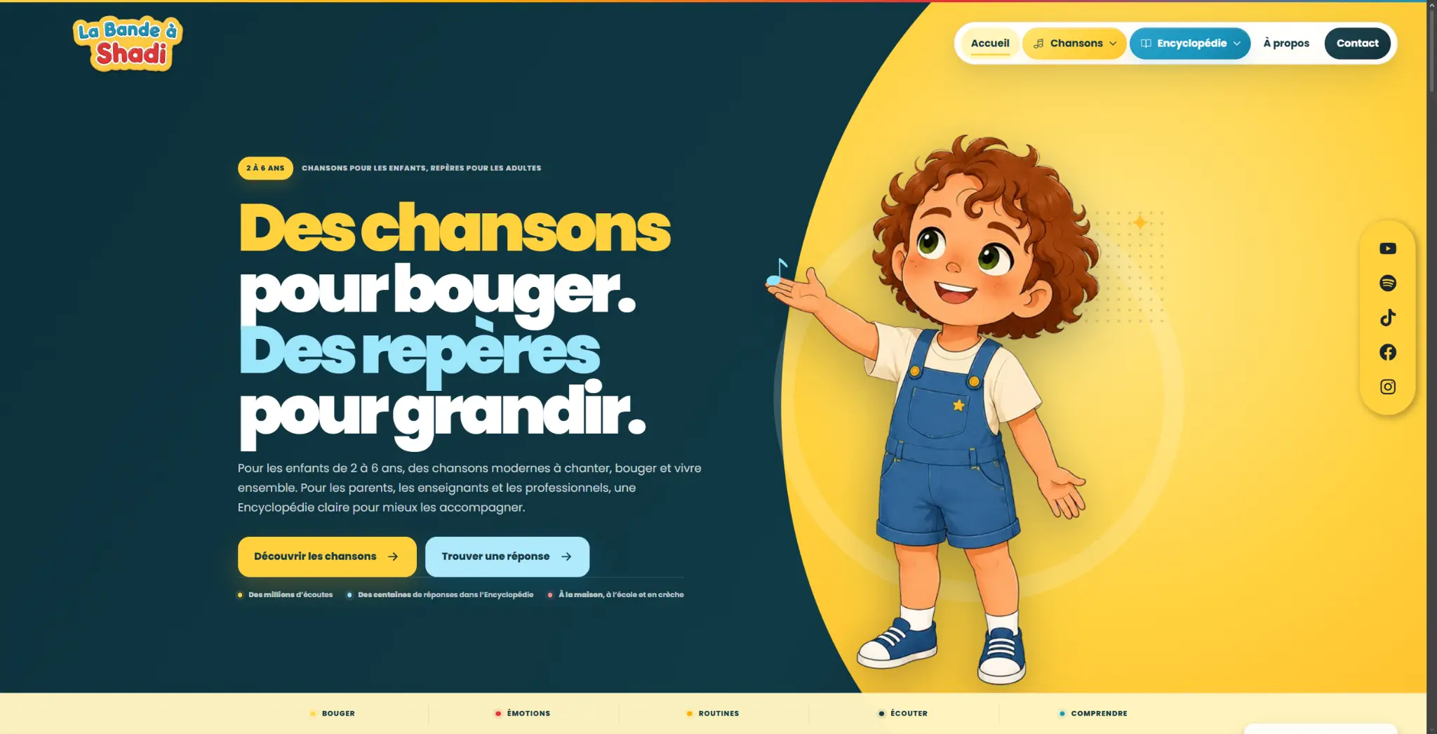 Nouvelle page d’accueil du site La Bande à Shadi, entre univers musical et personnage illustré