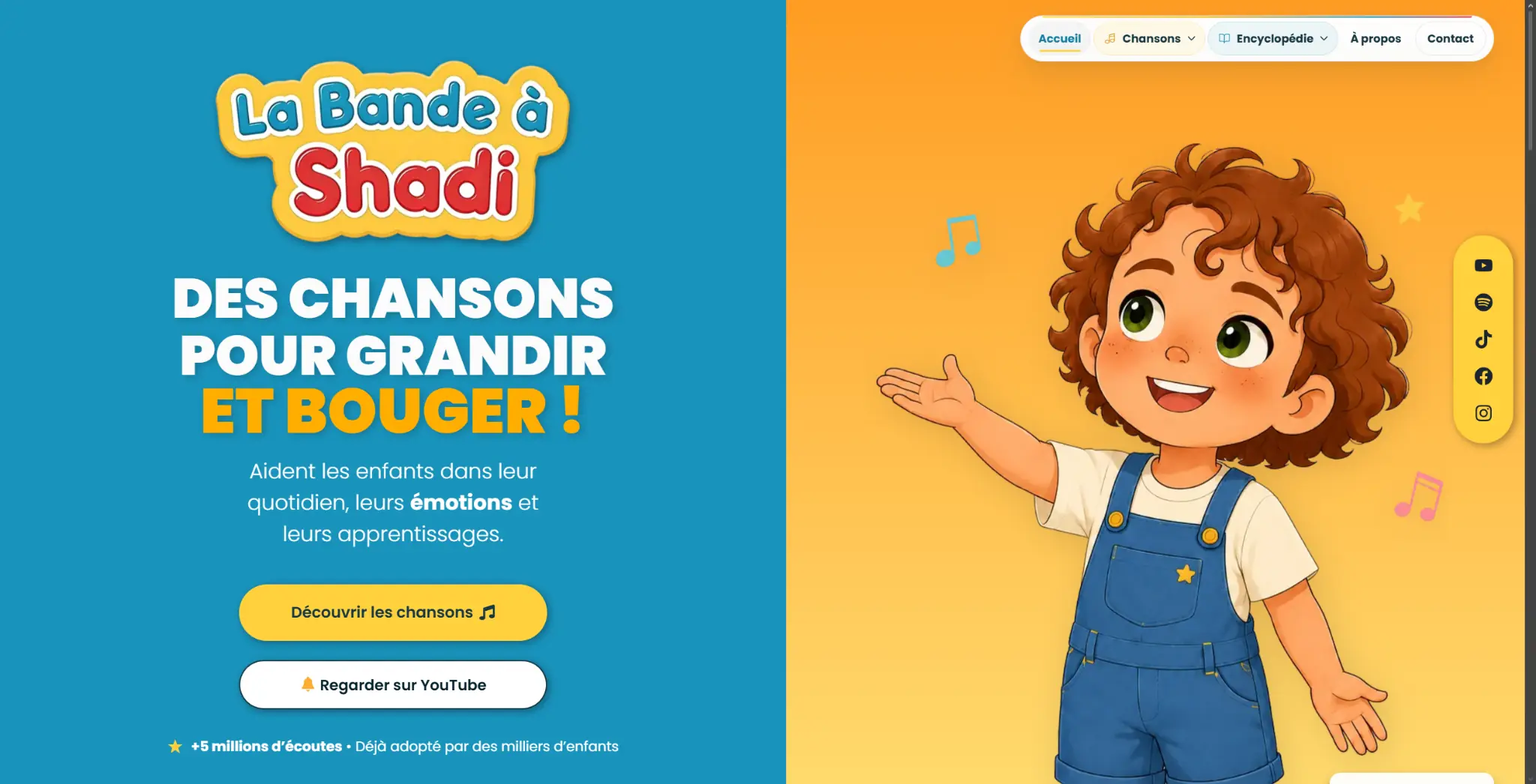Nouvelle page d’accueil du site La Bande à Shadi, entre univers musical et personnage illustré