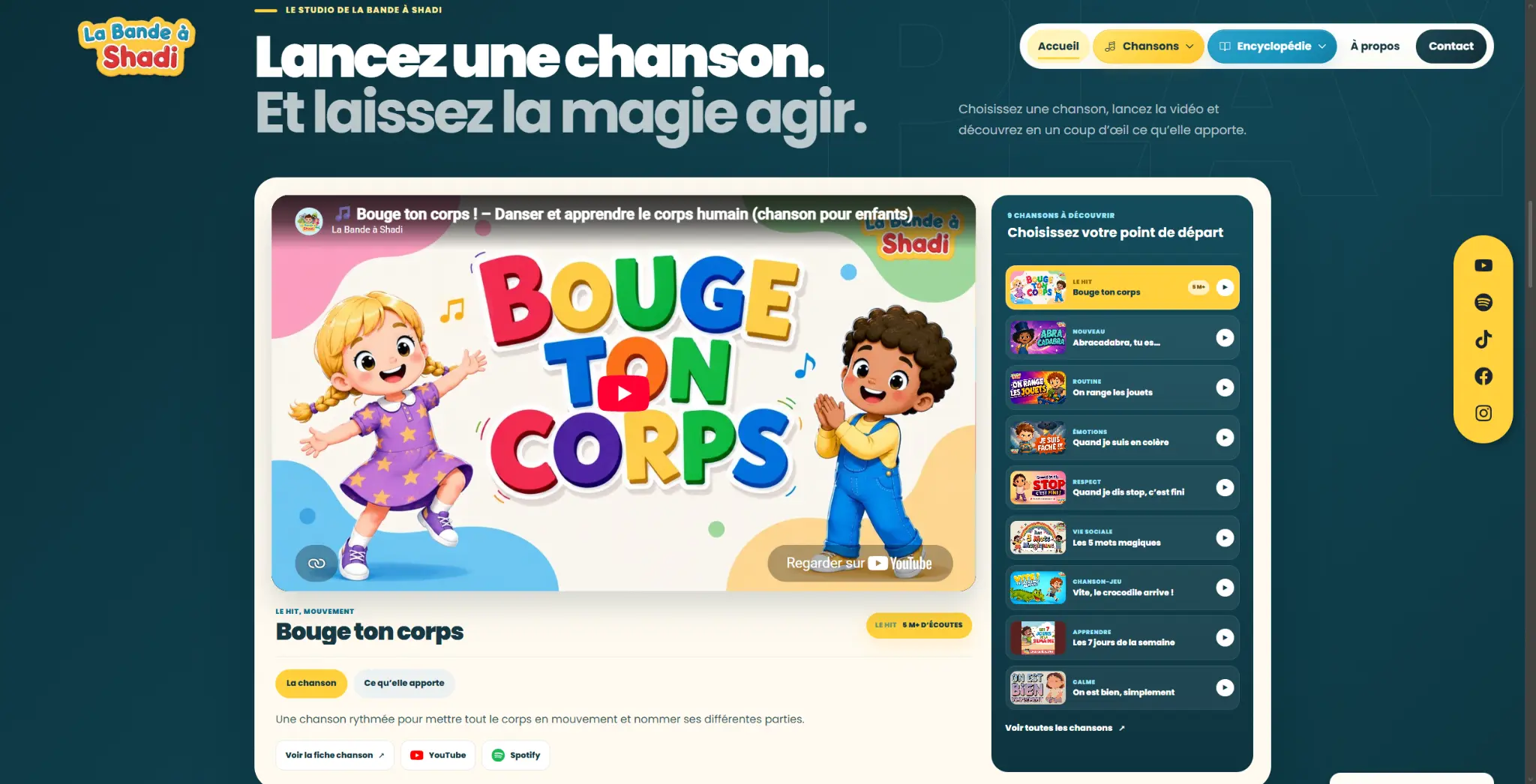 Studio musical intégré de La Bande à Shadi avec vidéo, sélection de chansons et repères pédagogiques