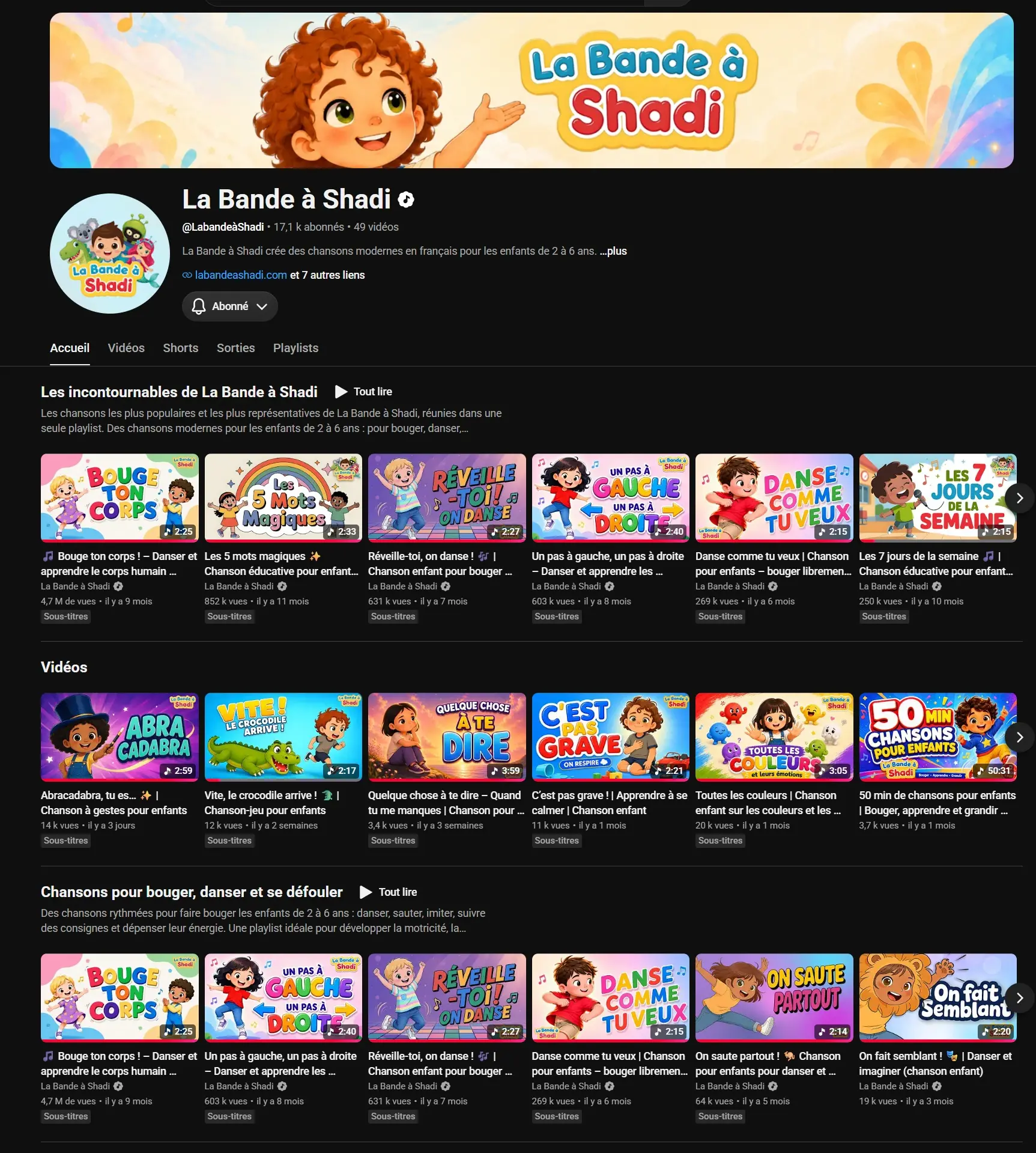 Chaîne YouTube La Bande à Shadi présentant les playlists et les vidéos du catalogue