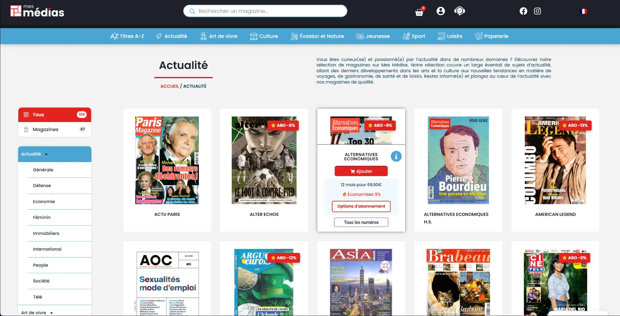 Catalogue Actualité de MesMédias avec catégories et abonnements