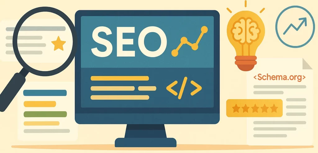 Illustration flat design représentant une discussion entre trois professionnels autour des enjeux SEO, de l’intelligence artificielle et de l’impact sur le e-commerce, avec des graphiques et une icône de panier d’achat.