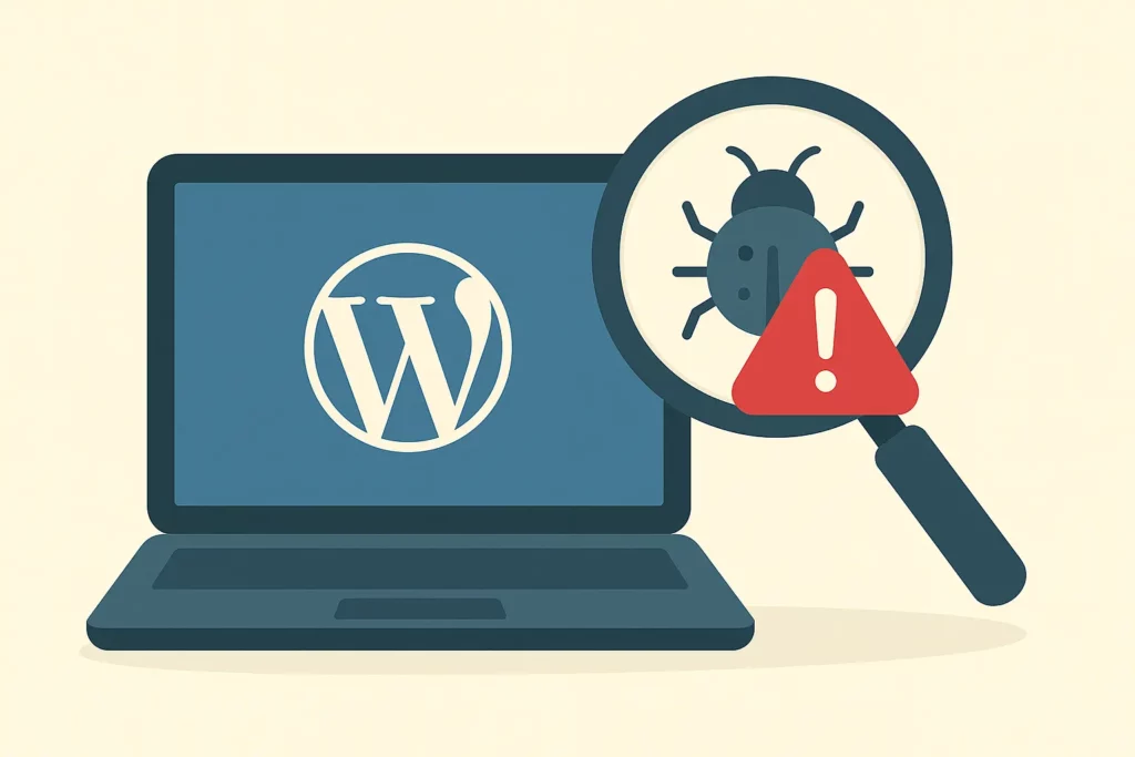 Illustration d'un bug détecté sur un site WordPress via une loupe, avec un symbole d'alerte – erreurs fréquentes à éviter lors de la création de site.